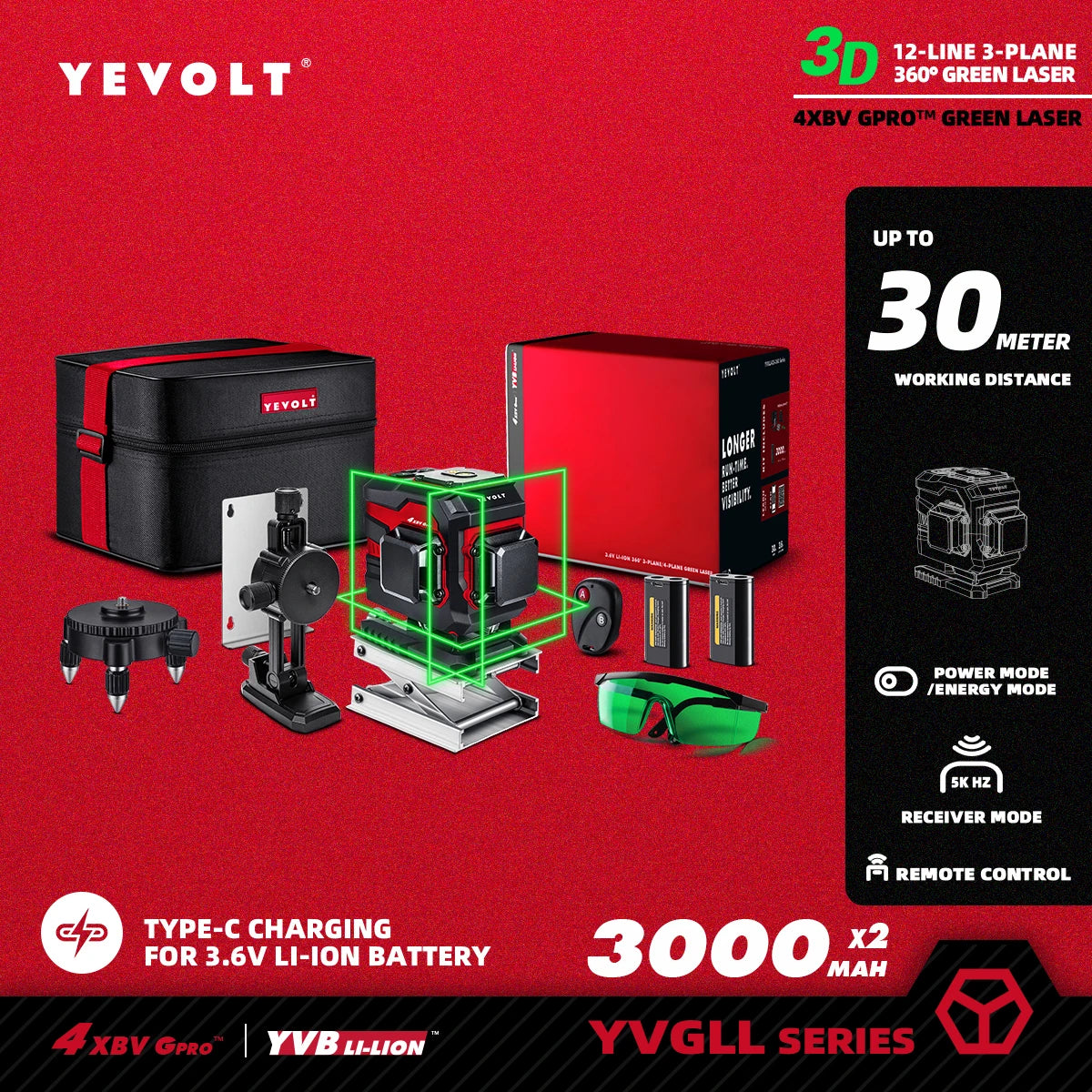 YEVOLT Green Laser Level 3/4-Plane 12/16-Line Self-leveling 360 3D/4D Power Measuring Tool Horizontal & Vertical YVGLL4XS-Series