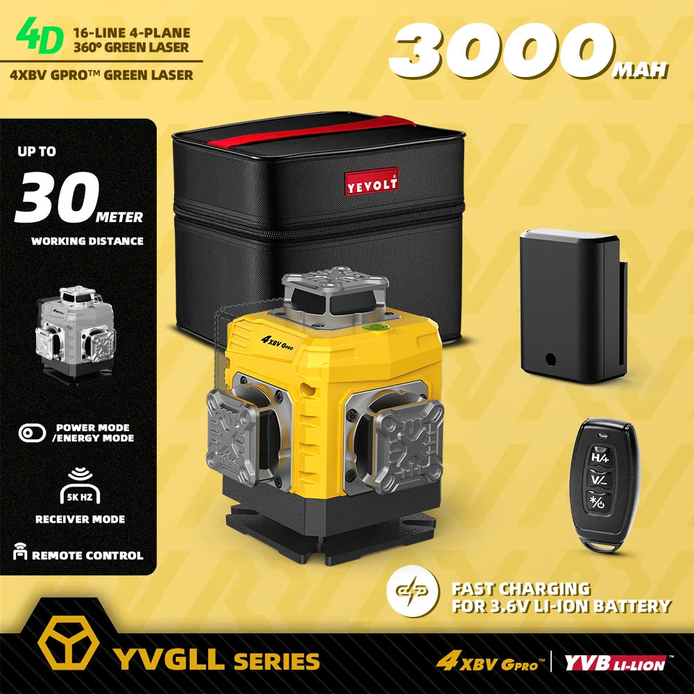 YEVOLT 16-Line Laser Level YVGLL4XS16G-515nm Green Beam 30m Visible Energy Saver 360° Coverage 4s Fast Self-Leveling