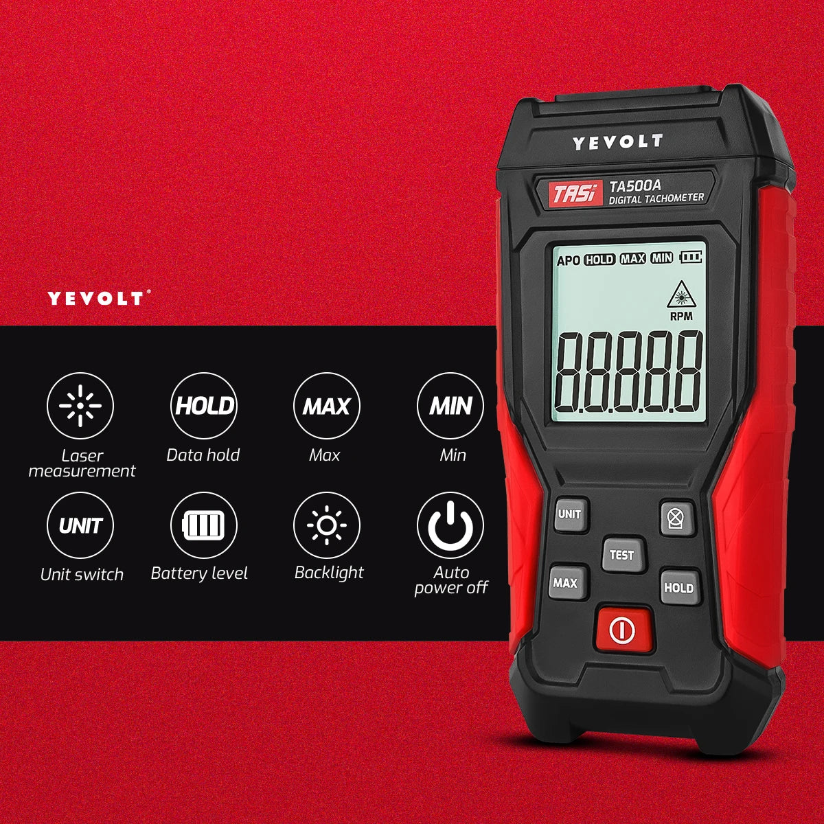 Tacômetro digital sem contato/2 em 1 YEVOLT TA500A/TA500C, sensor fotográfico a laser sem contato ou medidor de contato, testador de velocidade RPM
