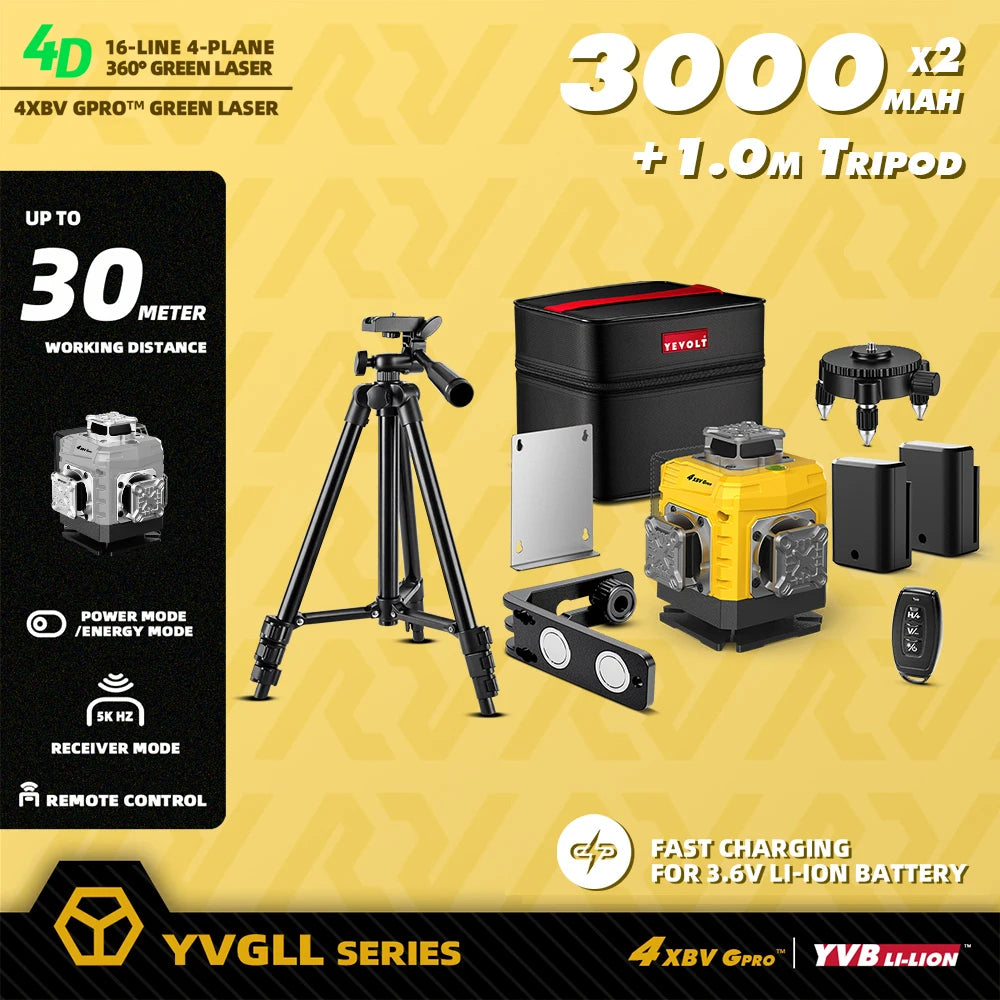 YEVOLT 16-Line Laser Level YVGLL4XS16G-515nm Green Beam 30m Visible Energy Saver 360° Coverage 4s Fast Self-Leveling