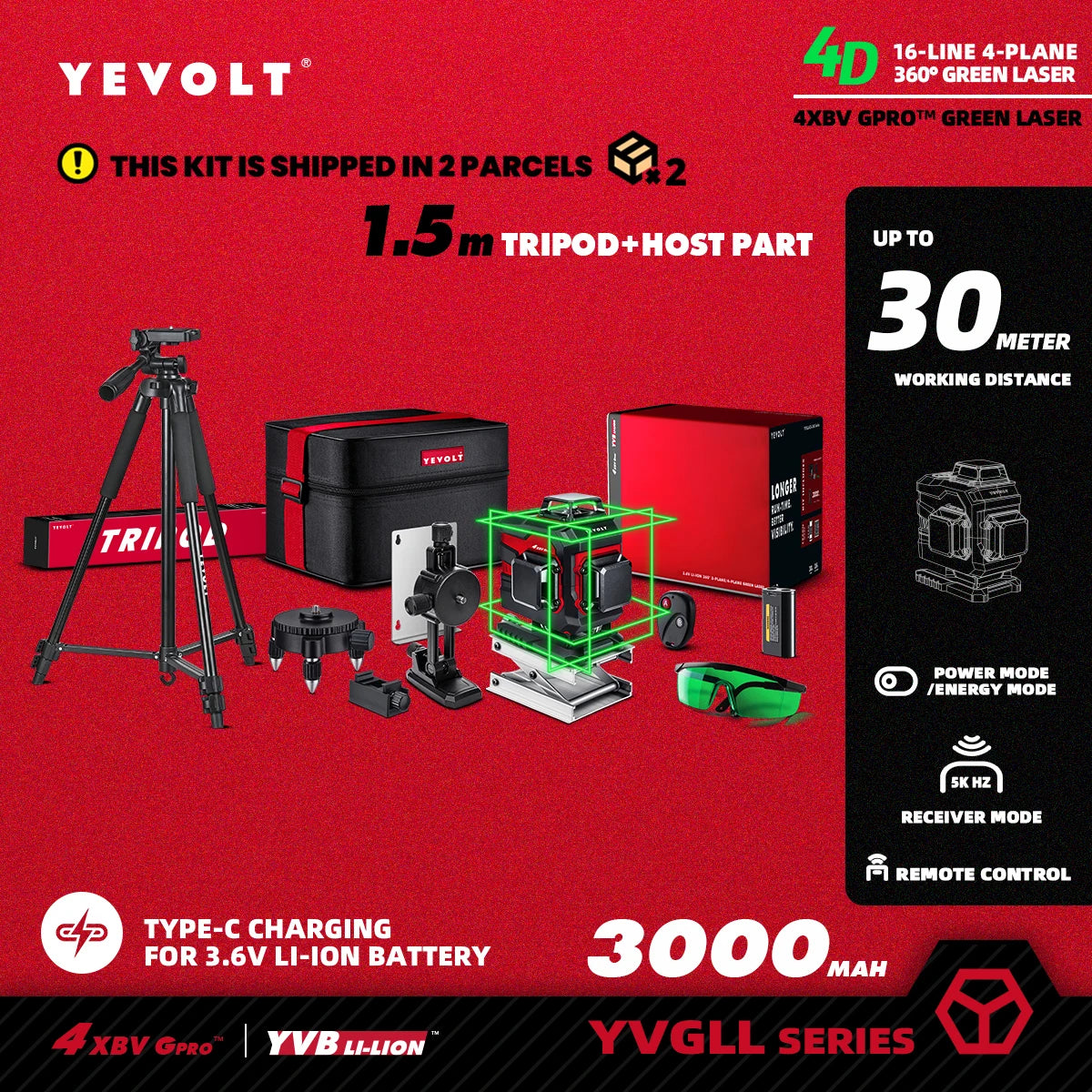YEVOLT Laser Level Green Beam 16 Lines Self-leveling 360° Horizontal and Vertical Accurate Measuring Tools -YVGLL4XS16 Series