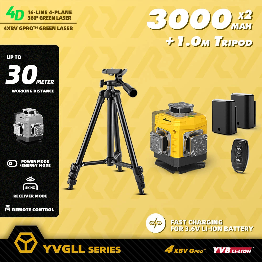 YEVOLT 16-Line Laser Level YVGLL4XS16G-515nm Green Beam 30m Visible Energy Saver 360° Coverage 4s Fast Self-Leveling