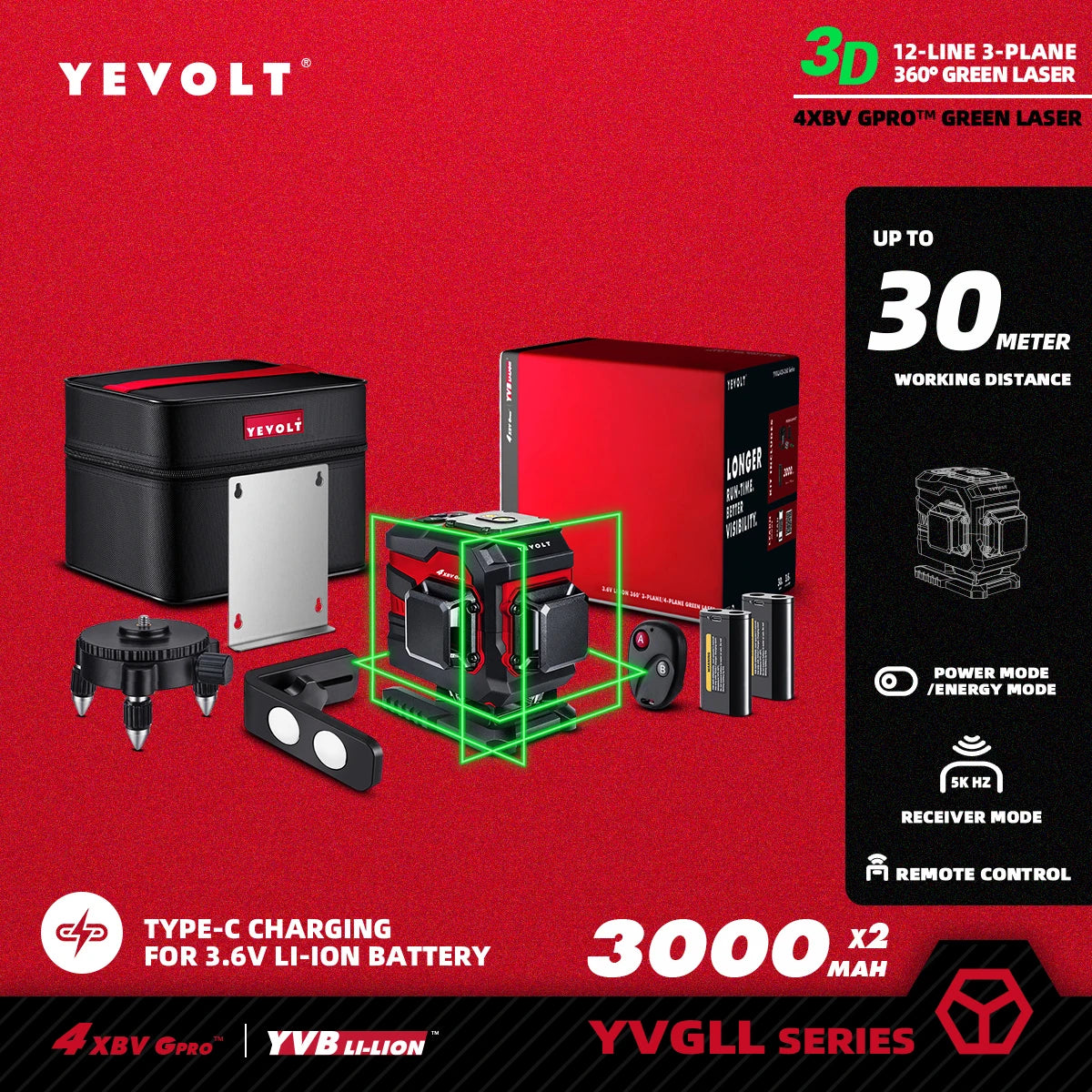 YEVOLT Green Laser Level 3/4-Plane 12/16-Line Self-leveling 360 3D/4D Horizontal & Vertical Power Measuring Tool YVGLL4XS-Series