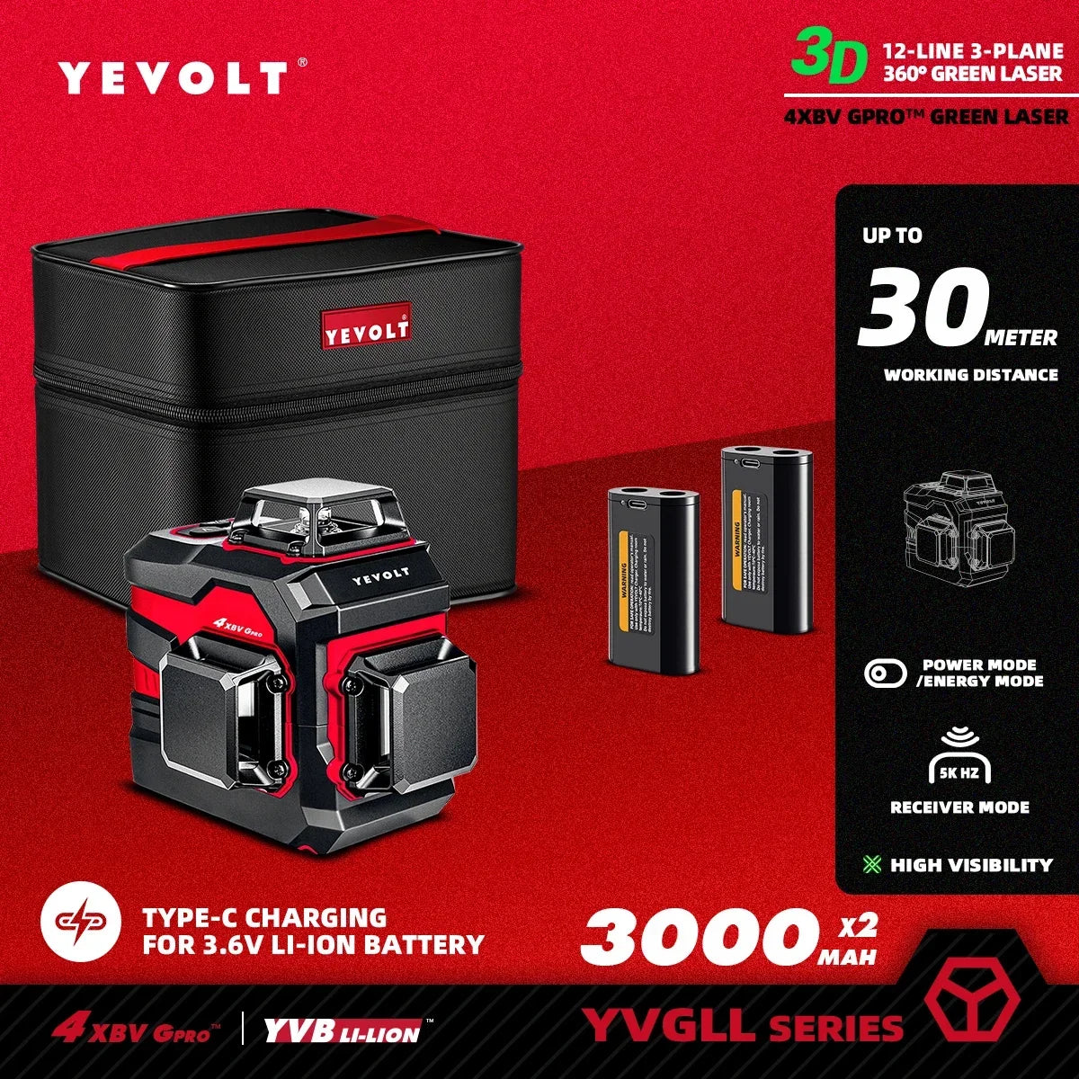 YEVOLT YVGLL4XS12 Nivel láser inteligente de 12 líneas cruzadas, autonivelante, compacto, de doble potencia, alta precisión, alcance de trabajo de 30 m