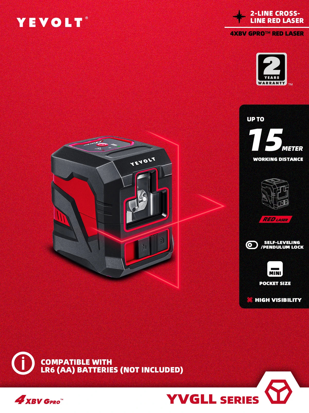 Nivel láser rojo/verde de 2 líneas cruzadas, autonivelante, portátil y ligero, serie YEVOLT YVRLL4XS2/YVGLL4XS2G