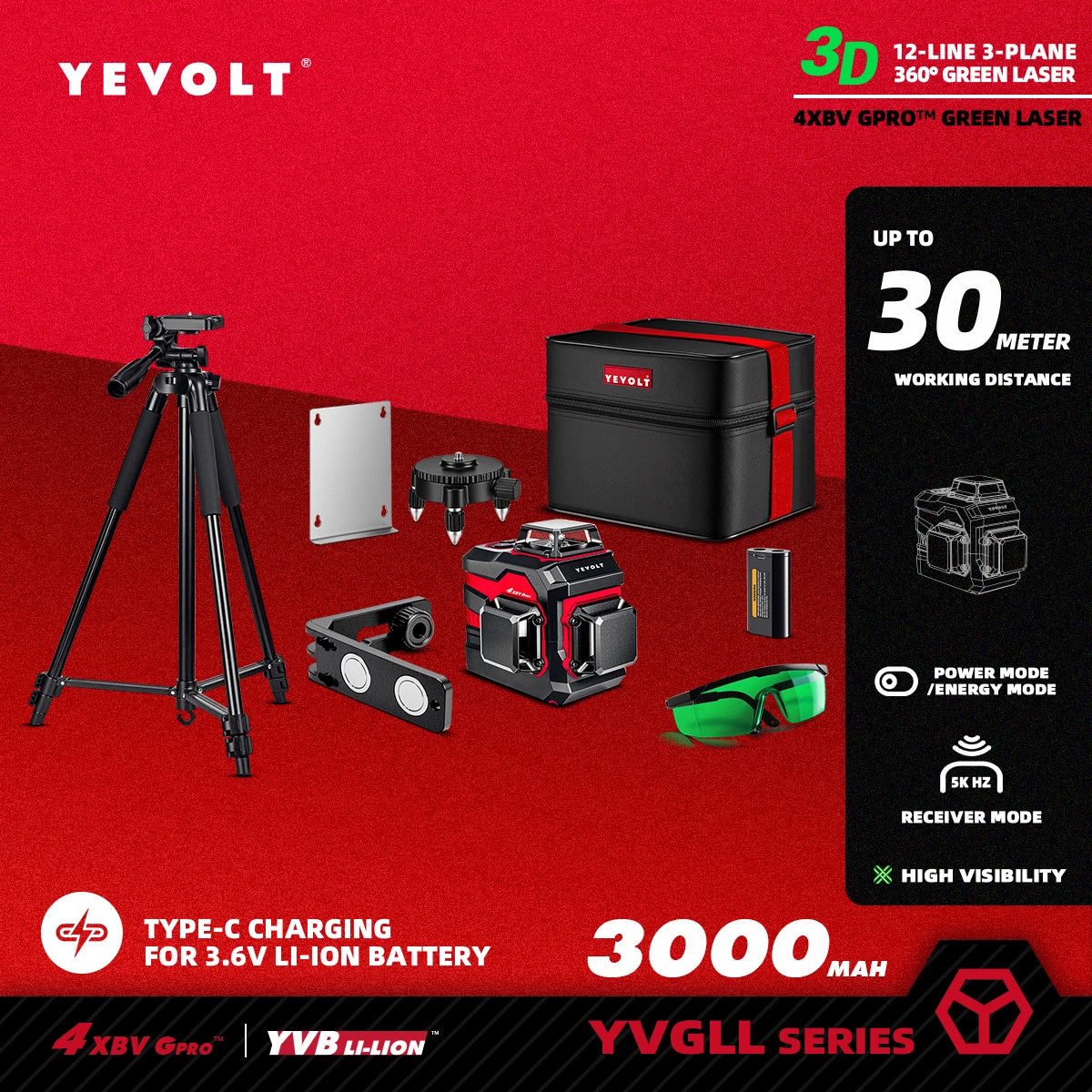 Nivel láser verde YEVOLT serie YVGLL4XS, 3/4 planos, 12/16 líneas, autonivelante, 360°, 3D/4D, horizontal y vertical, 3,6 V, 3 Ah