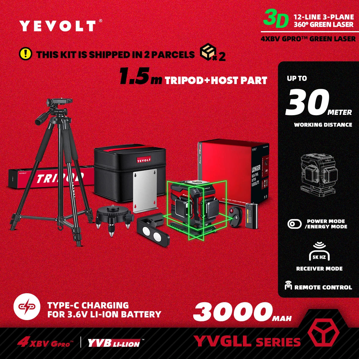 Nivel láser 3D YEVOLT YVGLL4XS12T, 12 líneas, verde, autonivelante, 3 Ah/5,2 Ah, iones de litio, 360°, herramientas de medición horizontal y vertical