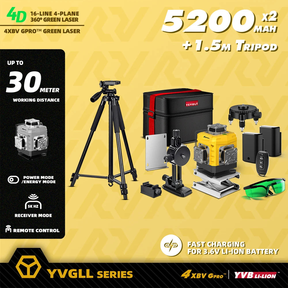YEVOLT 16-Line Laser Level YVGLL4XS16G-515nm Green Beam 30m Visible Energy Saver 360° Coverage 4s Fast Self-Leveling
