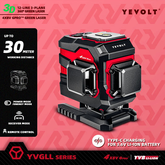 Nivel láser triplano de 12 líneas YEVOLT YVGLL4XS12T, ±4°, autonivelante, para marcado de pisos de almacén, alta precisión, alcance de trabajo de 30 m.