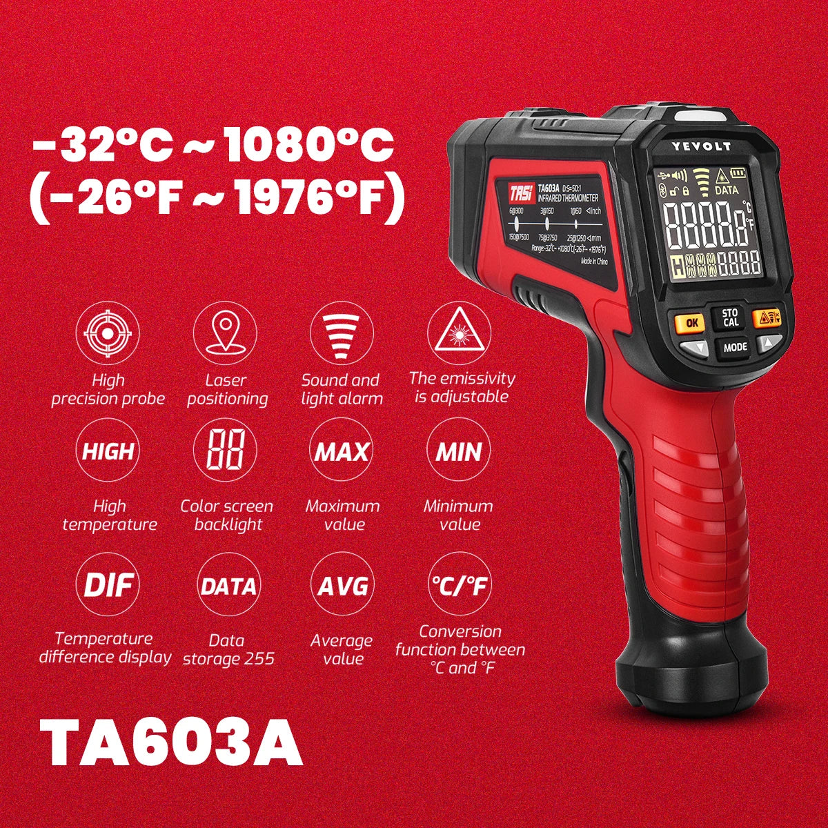 Termômetro infravermelho digital série YEVOLT TA603, portátil, sem contato, infravermelho, laser, pistola de temperatura, tela colorida, luz de fundo