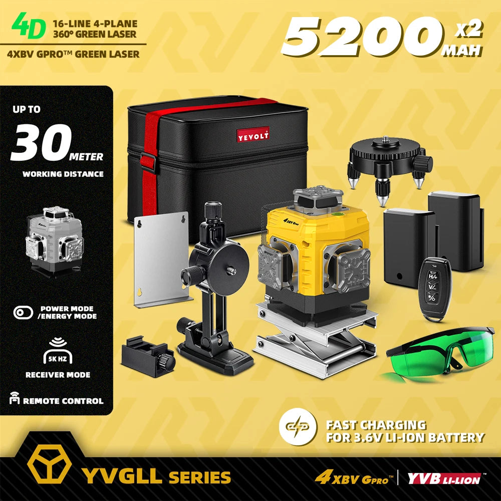 YEVOLT 16-Line Laser Level YVGLL4XS16G-515nm Green Beam 30m Visible Energy Saver 360° Coverage 4s Fast Self-Leveling