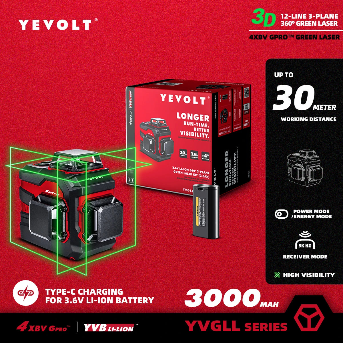 Nivel láser verde de 3 planos YEVOLT serie YVGLL4XS12 con batería de iones de litio de 3,6 V, 360°, 12 líneas, nivelación 3D, herramientas horizontales y verticales