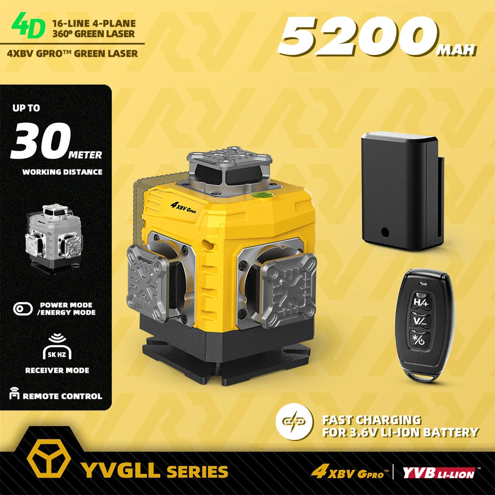 YEVOLT 16-Line Laser Level YVGLL4XS16G-515nm Green Beam 30m Visible Energy Saver 360° Coverage 4s Fast Self-Leveling