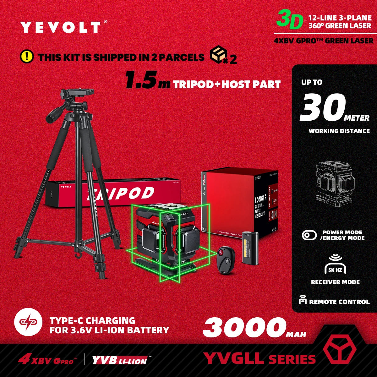 Nivel láser 3D YEVOLT YVGLL4XS12T, 12 líneas, verde, autonivelante, 3 Ah/5,2 Ah, iones de litio, 360°, herramientas de medición horizontal y vertical
