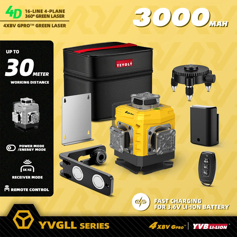 YEVOLT 16-Line Laser Level YVGLL4XS16G-515nm Green Beam 30m Visible Energy Saver 360° Coverage 4s Fast Self-Leveling
