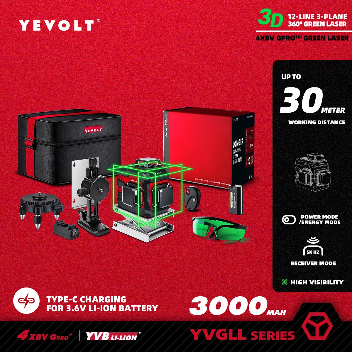 YEVOLT Green Laser Level 3/4-Plane 12/16-Line Self-leveling 360 3D/4D Power Measuring Tool Horizontal & Vertical YVGLL4XS-Series