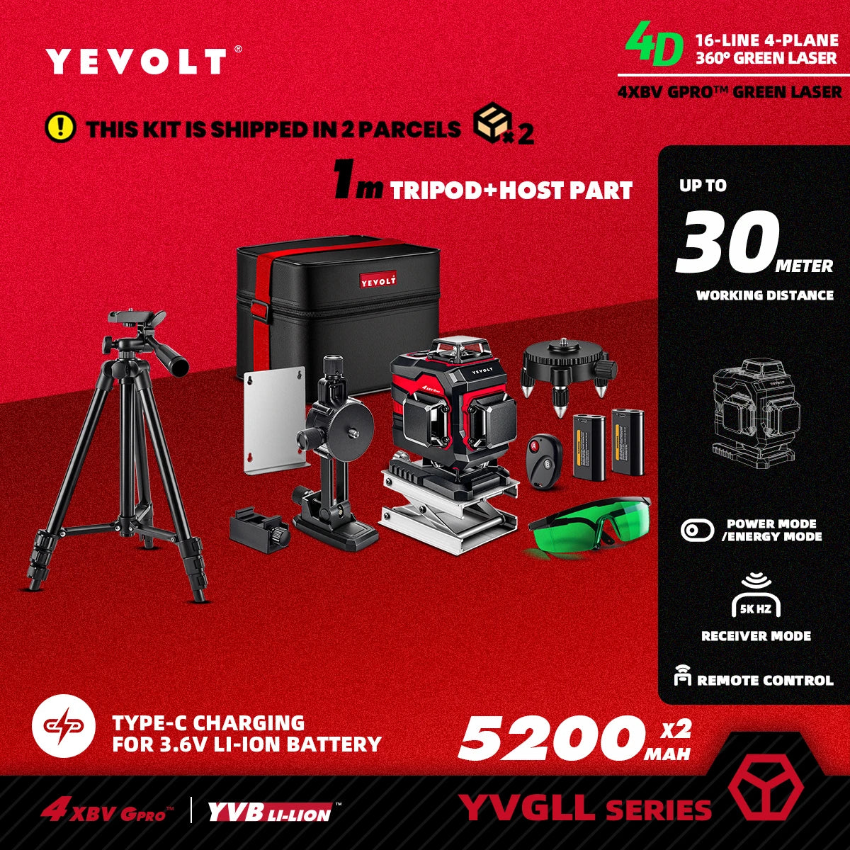 YEVOLT Laser Level Green Beam 16 Lines Horizontal and Vertical Self-leveling 360° Accurate Measuring Tools -YVGLL4XS16 Series