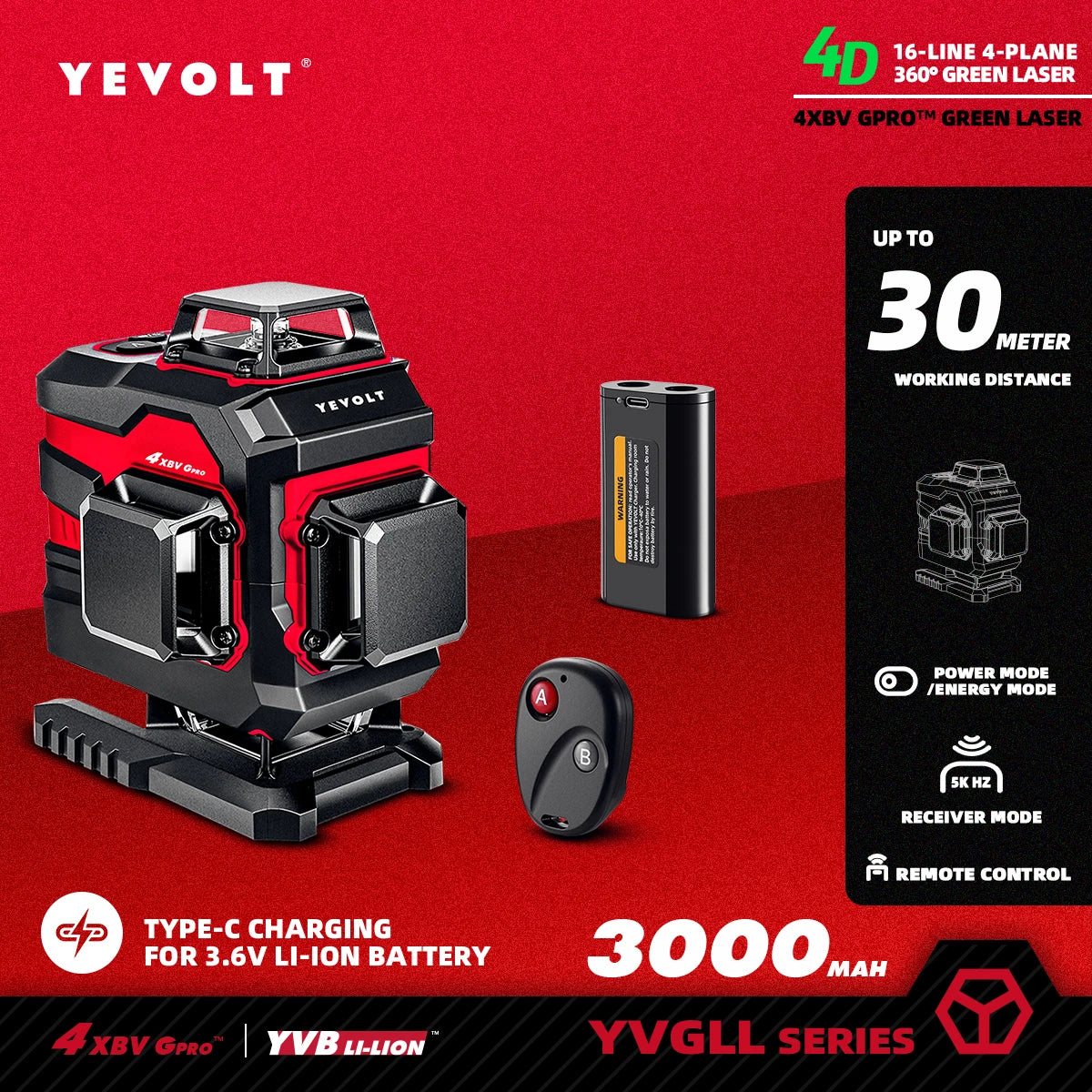 Nivel láser verde YEVOLT serie YVGLL4XS, 3/4 planos, 12/16 líneas, autonivelante, 360°, 3D/4D, horizontal y vertical, 3,6 V, 3 Ah