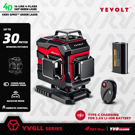 YEVOLT YVGLL4XS16 Generador de nivel láser autonivelante de 4 planos y 16 líneas ±4° para marcado de pisos de almacén, alta precisión, alcance de trabajo de 30 m