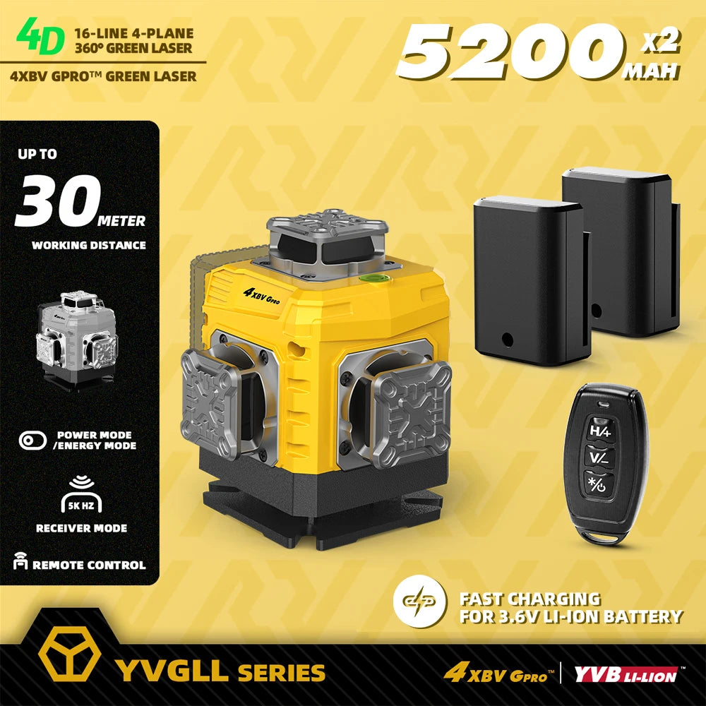 YEVOLT 16-Line Laser Level YVGLL4XS16G-515nm Green Beam 30m Visible Energy Saver 360° Coverage 4s Fast Self-Leveling
