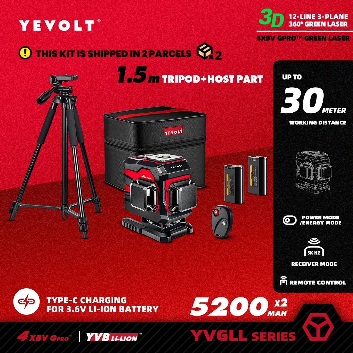 Gerador de nível a laser YEVOLT YVGLL4XS12T 360° de 12 linhas, sistema de alinhamento de ladrilhos autonivelante FloorMaster de alta precisão - alcance de 30 m