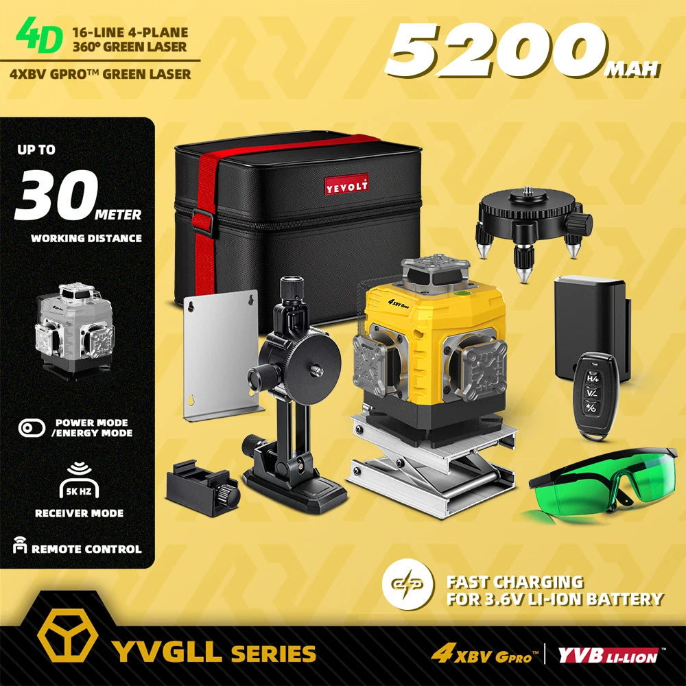 YEVOLT 16-Line Laser Level YVGLL4XS16G-515nm Green Beam 30m Visible Energy Saver 360° Coverage 4s Fast Self-Leveling