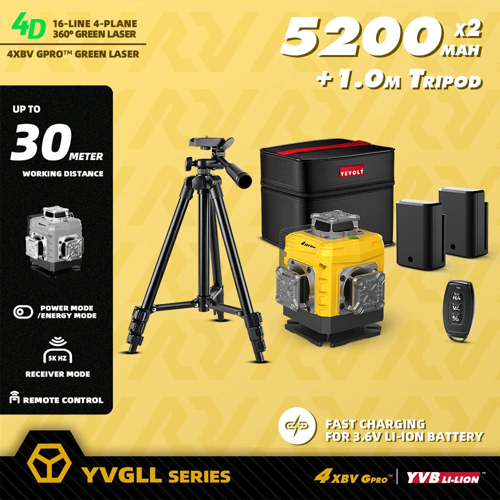 YEVOLT 16-Line Laser Level YVGLL4XS16G-515nm Green Beam 30m Visible Energy Saver 360° Coverage 4s Fast Self-Leveling