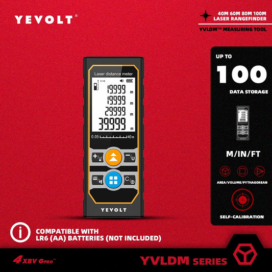 Medidor de distancia láser YEVOLT serie TE, telémetro de 40/60/80/100 m, cinta métrica digital con retroiluminación de área, volumen y pitagórico.