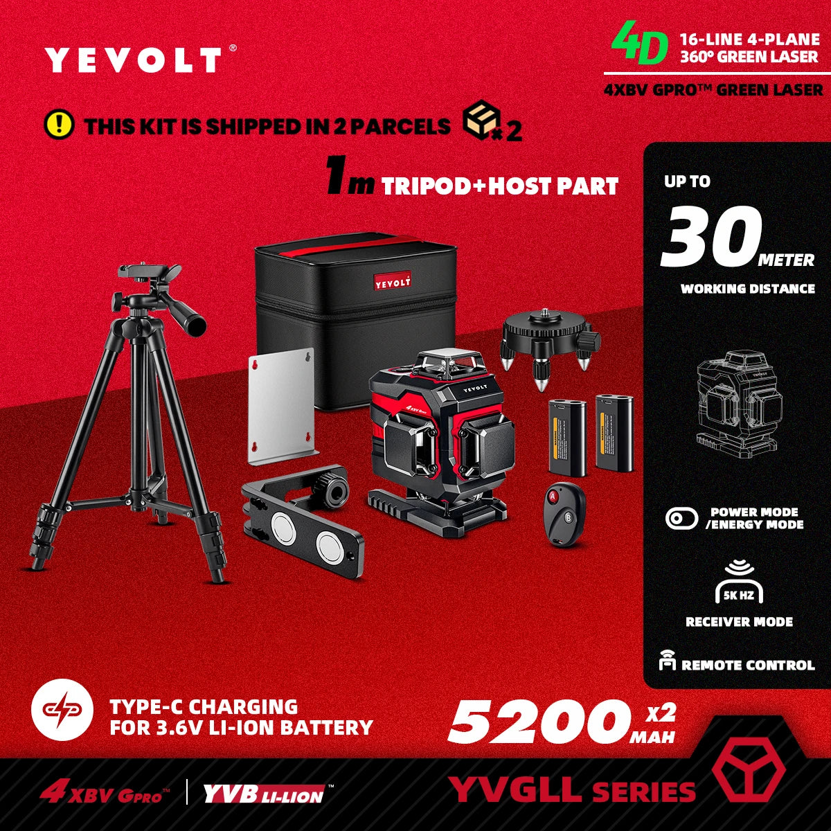 YEVOLT Laser Level Green Beam 16 Lines Horizontal and Vertical Self-leveling 360° Accurate Measuring Tools -YVGLL4XS16 Series