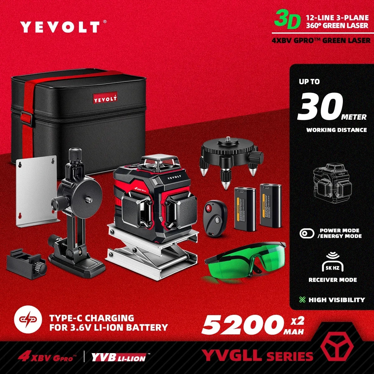 YEVOLT YVGLL4XS12 Nivel láser inteligente de 12 líneas cruzadas, autonivelante, compacto, de doble potencia, alta precisión, alcance de trabajo de 30 m