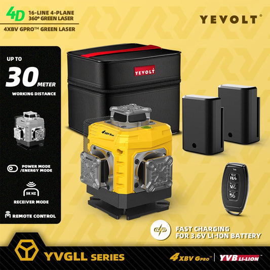 Nivel láser YEVOLT YVGLL4XS16G: Líneas láser verdes de 4 planos (515 nm), nivelación automática de ±4° - Base metálica resistente al polvo y a los golpes