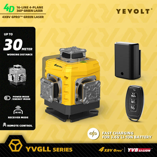 Nivel láser YEVOLT YVGLL4XS16G de 16 líneas: ventana superior giratoria de 360°, botones táctiles y base metálica para alineación multiángulo.