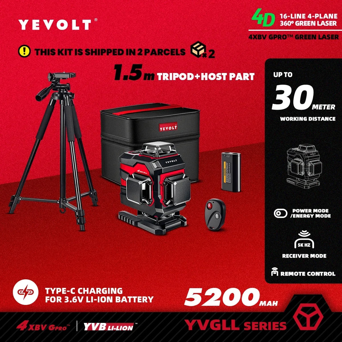 YEVOLT 16-Line Industrial Laser Level YVGLL4XS16 Dual Mode Shockproof Rubber Housing Outdoor Daylight Use Portable for Travel