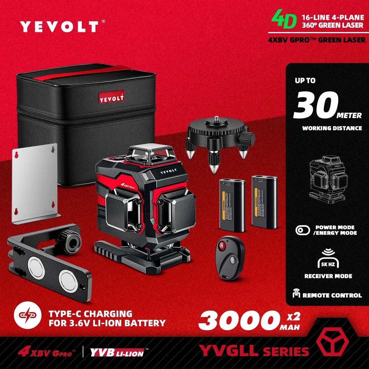 YEVOLT 16-Line Industrial Laser Level YVGLL4XS16 Dual Mode Shockproof Rubber Housing Outdoor Daylight Use Portable for Travel