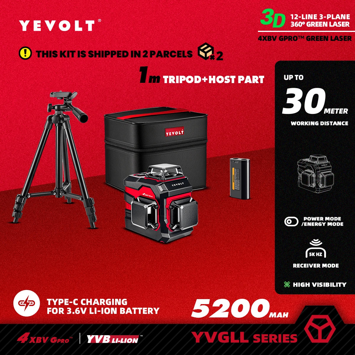 Laser Level YVGLL4XS12 12-Line Green Beam with Pulse Mode Long Range Auto-Leveling Lock Slope Switch for DIY Home Improvement