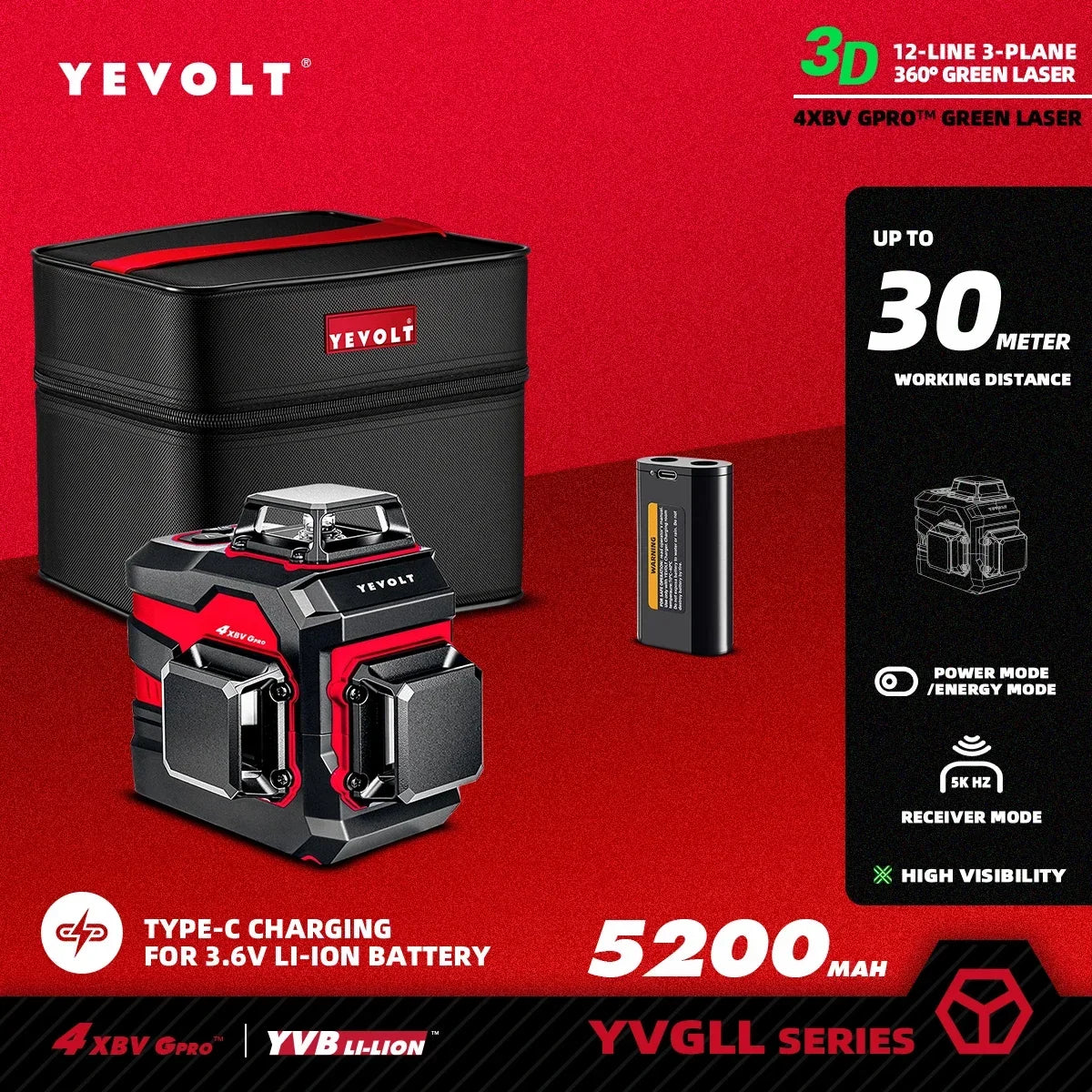 YEVOLT YVGLL4XS12 Nivel láser inteligente de 12 líneas cruzadas, autonivelante, compacto, de doble potencia, alta precisión, alcance de trabajo de 30 m