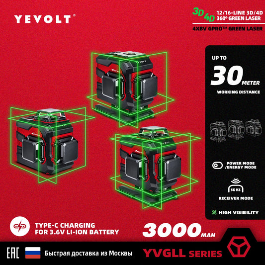 Nível a laser verde YEVOLT, 12/16 linhas, autonivelante, 360°, ferramenta de medição 3D/4D - Tripé de 1,5 m - Série YVGLL4XS