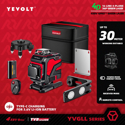 YEVOLT YVGLL4XS16 Nivel láser de 16 líneas y 360°x4, autonivelante QuikTilt, distancia al suelo de 1 cm, alta precisión, alcance de trabajo de 30 m