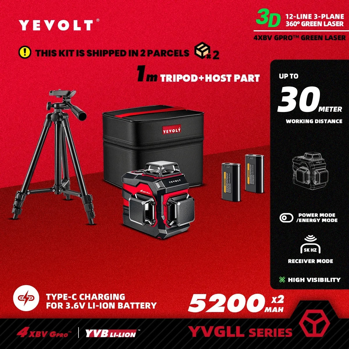 YEVOLT YVGLL4XS12 Nivel láser de líneas cruzadas de 12 líneas, inteligente, autonivelante, compacto, de doble potencia, alta precisión, alcance de trabajo de 30 m