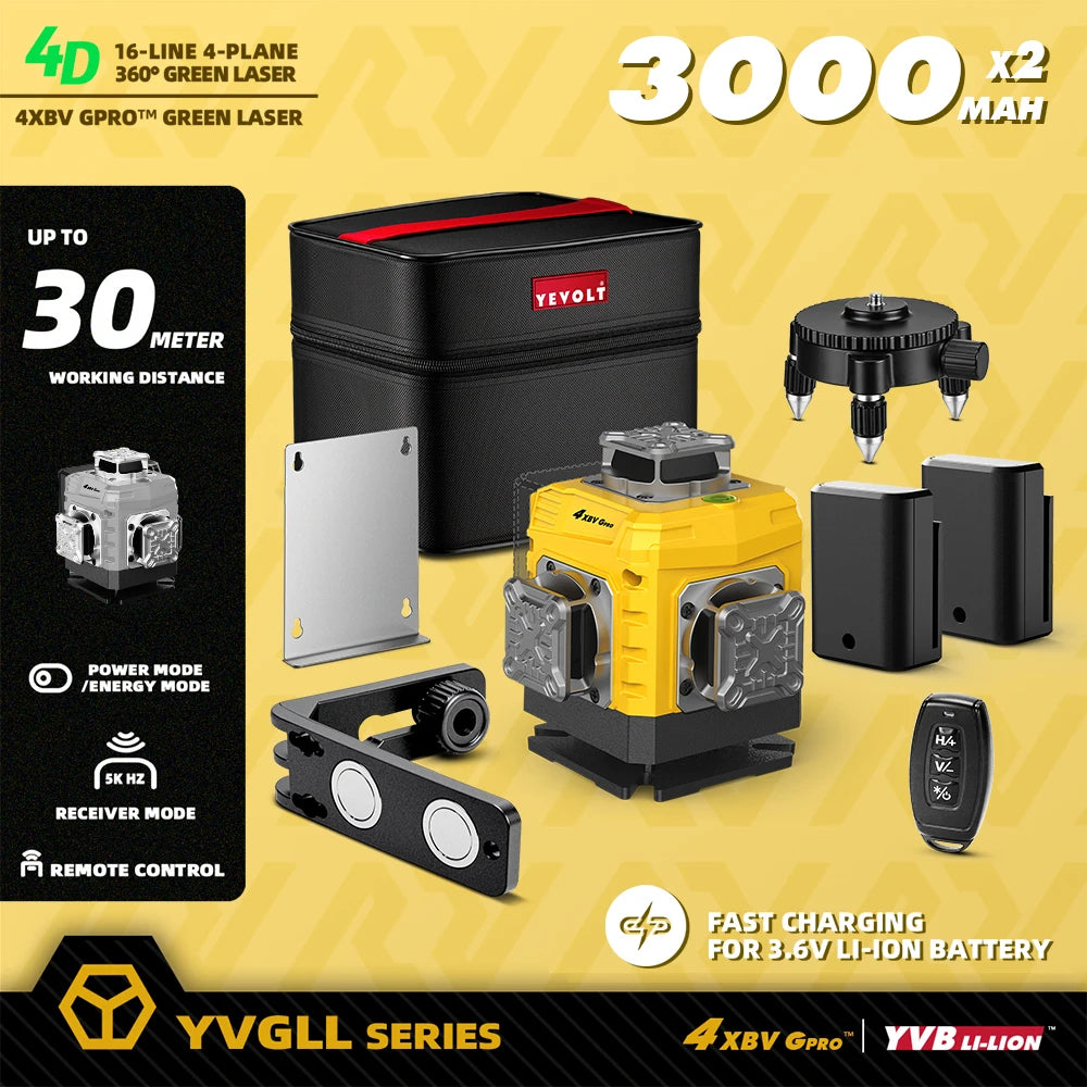 YEVOLT 16-Line Laser Level YVGLL4XS16G-515nm Green Beam 30m Visible Energy Saver 360° Coverage 4s Fast Self-Leveling