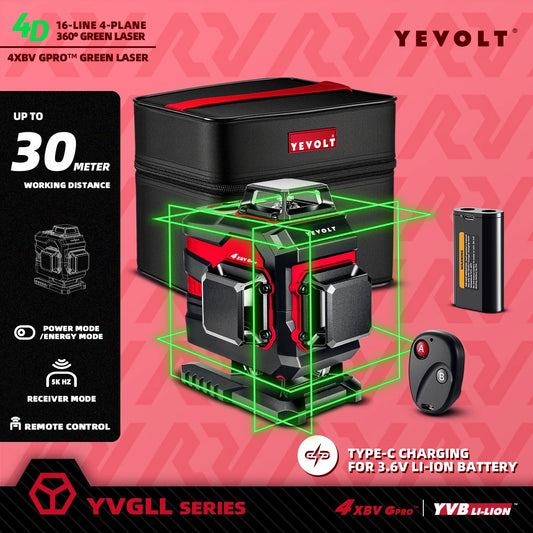 Nivel láser comercial YEVOLT YVGLL4XS16 de 360°x4 y 16 líneas, escaneo vertical y terrestre, para pisos de mármol, precisión de 30 m de largo alcance