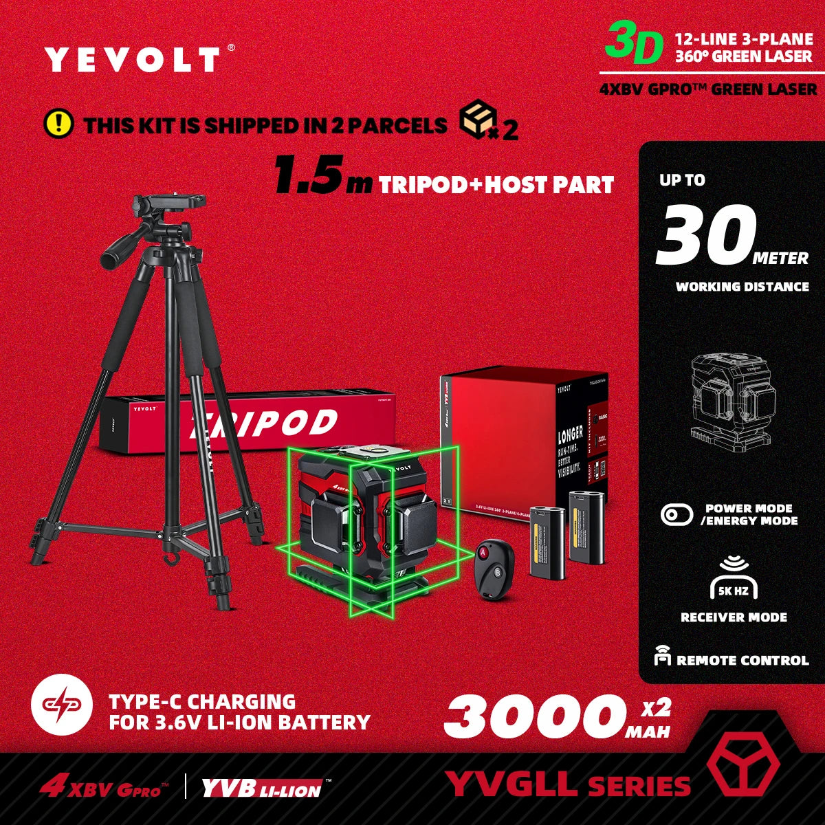 Nivel láser 3D YEVOLT YVGLL4XS12T, 12 líneas, verde, autonivelante, 3 Ah/5,2 Ah, iones de litio, 360°, herramientas de medición horizontal y vertical