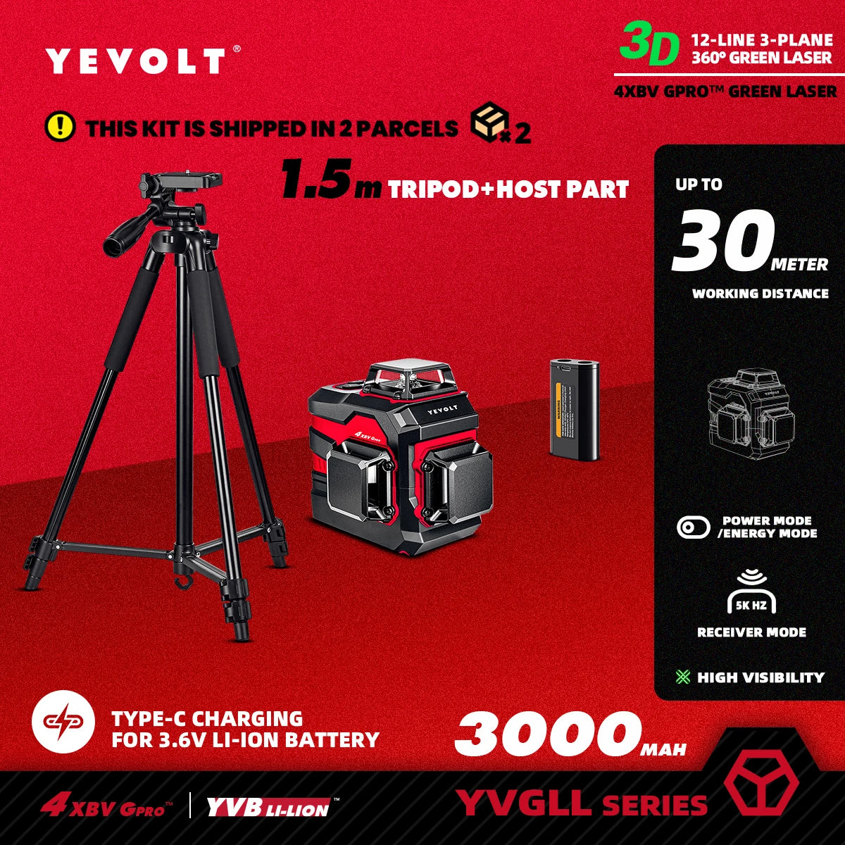 Nivel láser verde YEVOLT serie YVGLL4XS, 3/4 planos, 12/16 líneas, autonivelante, 360°, 3D/4D, horizontal y vertical, 3,6 V, 3 Ah