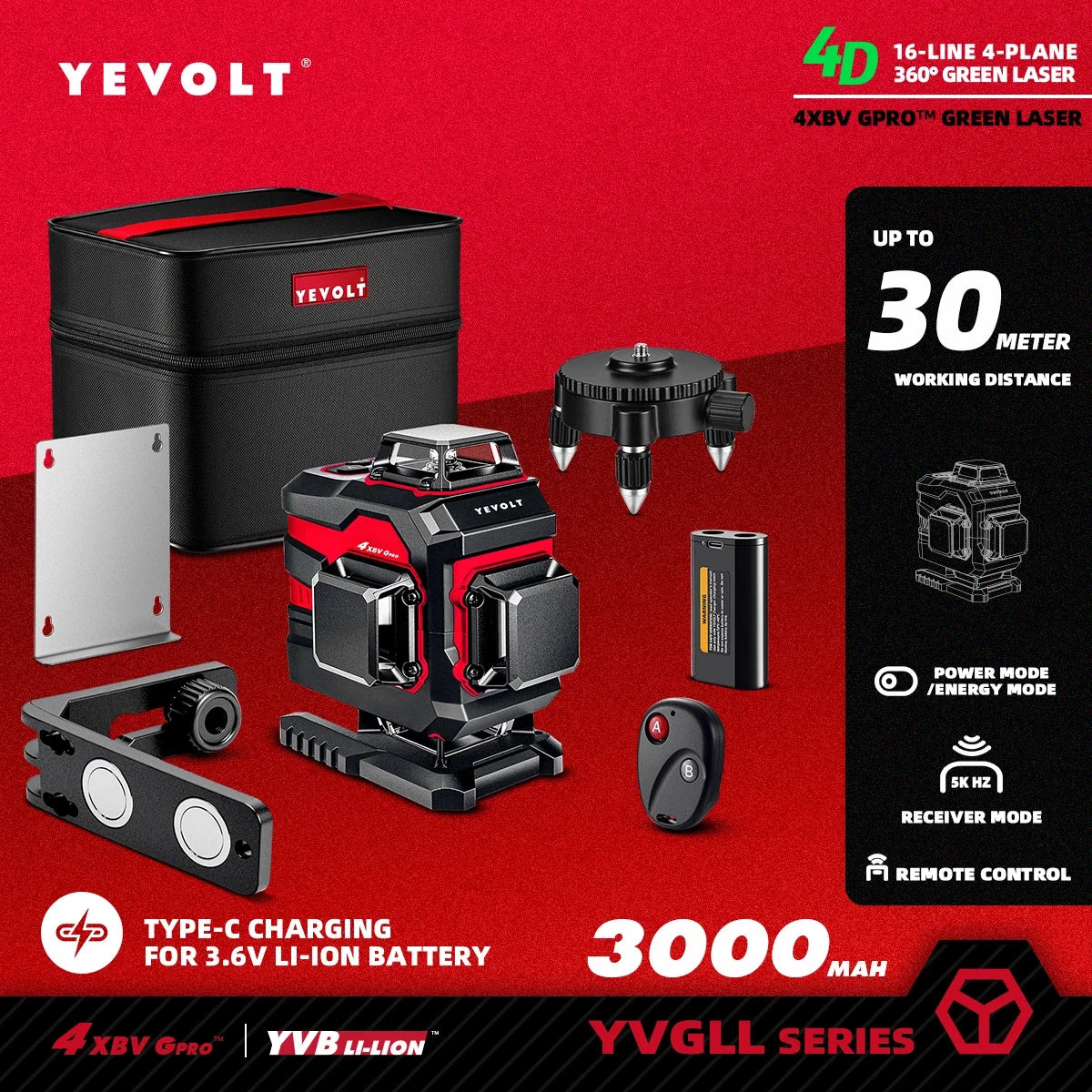 Nivel láser 3D/4D YEVOLT de 12/16 líneas, autonivelación rápida (3 s), resistente al polvo y a las salpicaduras, IP54, diseño antichoque para condiciones de poca luz.