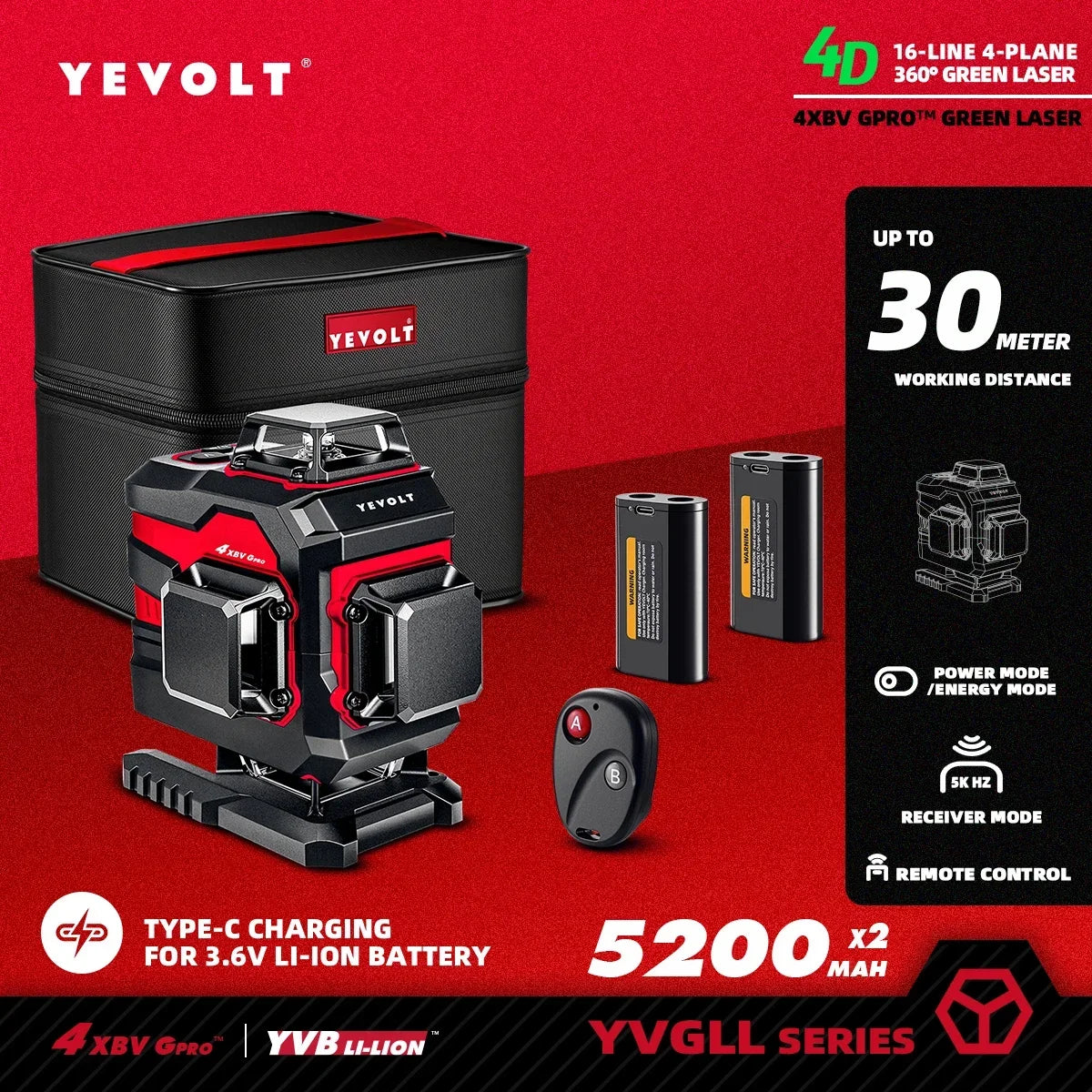 YEVOLT 16-Line Industrial Laser Level YVGLL4XS16 Dual Mode Shockproof Rubber Housing Outdoor Daylight Use Portable for Travel