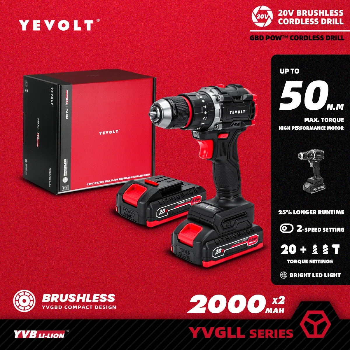Furadeira/parafusadeira sem fio YEVOLT YVGBD20DU2 20V com maior autonomia e sem escovas, 50N.m, torque máximo de 21+1, mandril autoapertável