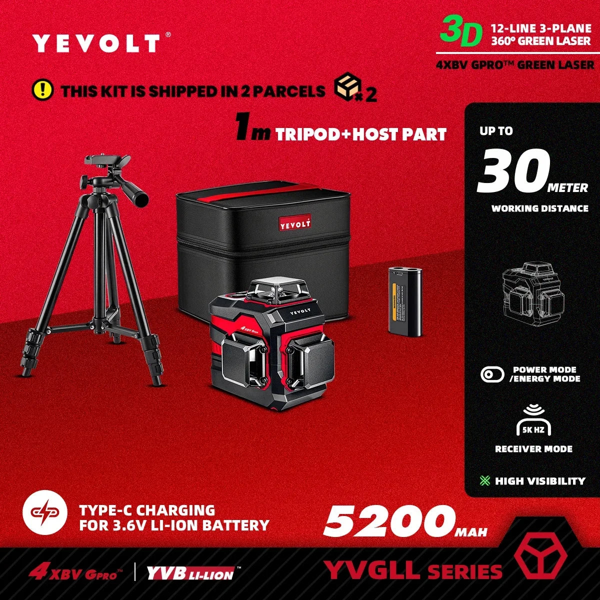 YEVOLT YVGLL4XS12 Nivel láser de líneas cruzadas de 12 líneas, inteligente, autonivelante, compacto, de doble potencia, alta precisión, alcance de trabajo de 30 m