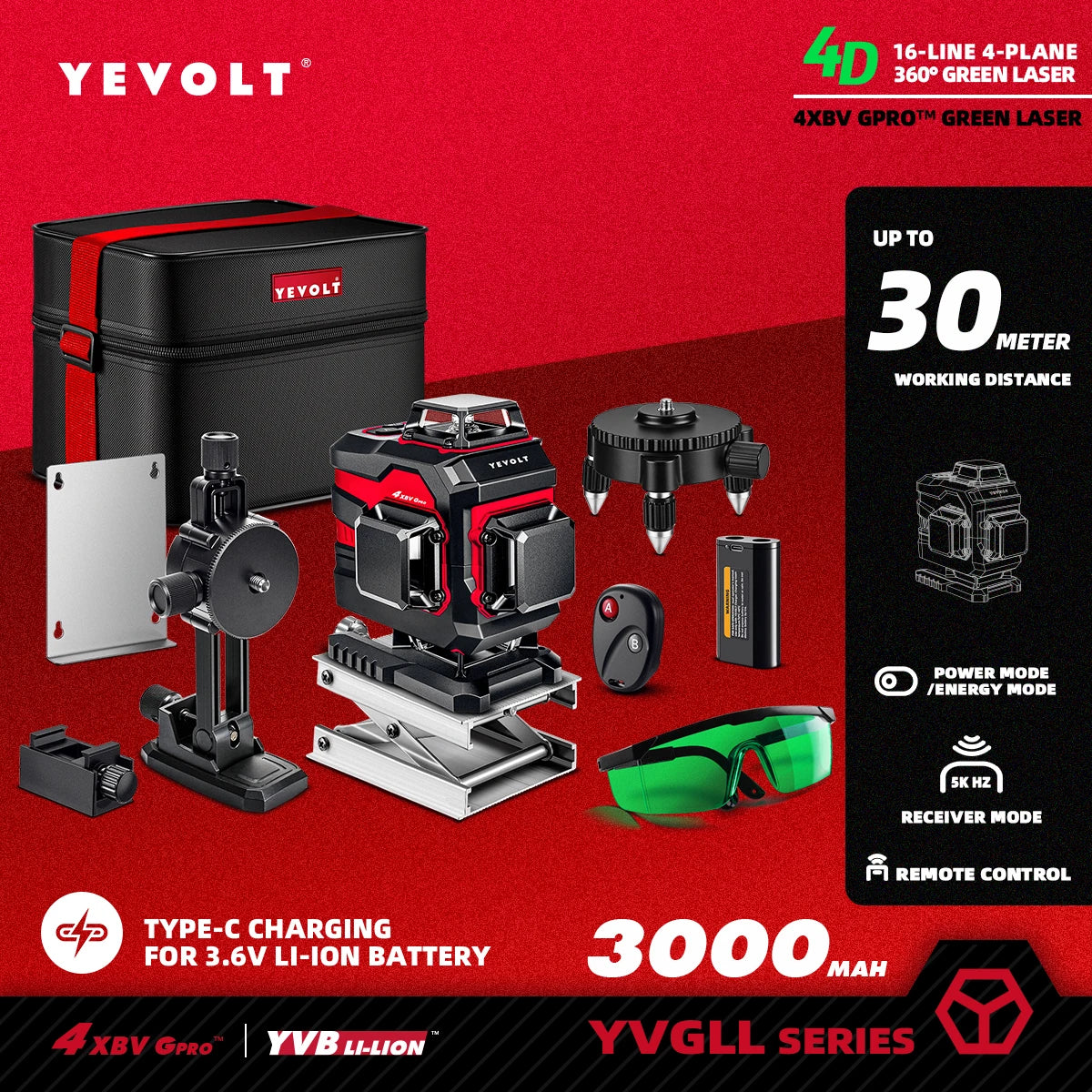 Nivel láser verde YEVOLT serie YVGLL4XS, 3/4 planos, 12/16 líneas, autonivelante, 360°, 3D/4D, horizontal y vertical, 3,6 V, 3 Ah