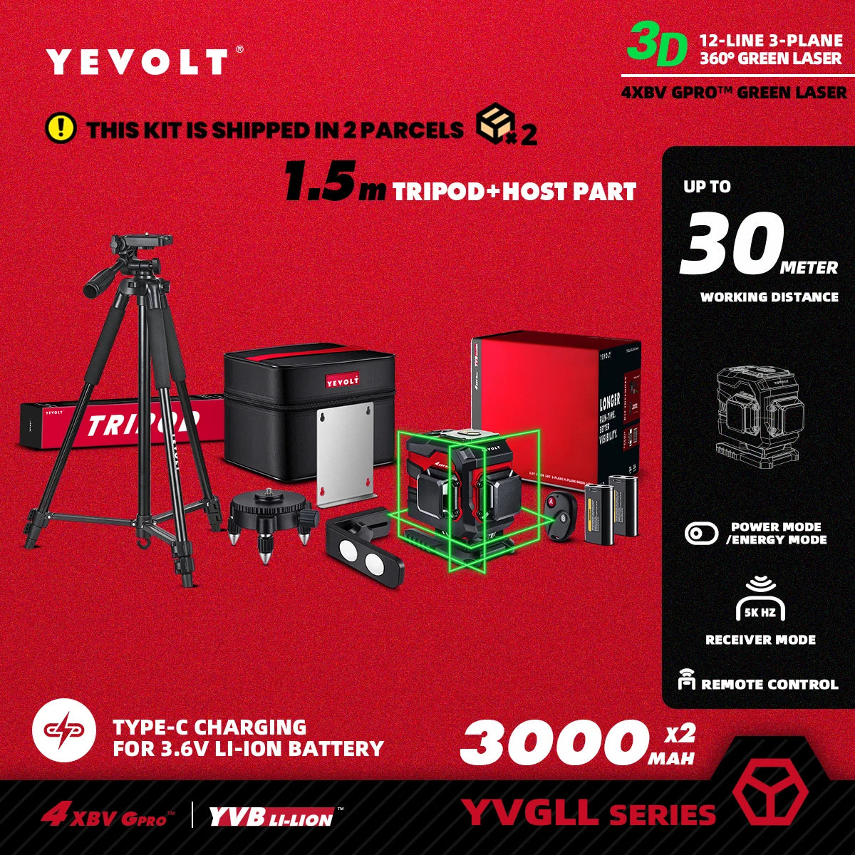 Nivel láser 3D YEVOLT YVGLL4XS12T, 12 líneas, verde, autonivelante, 3 Ah/5,2 Ah, iones de litio, 360°, herramientas de medición horizontal y vertical