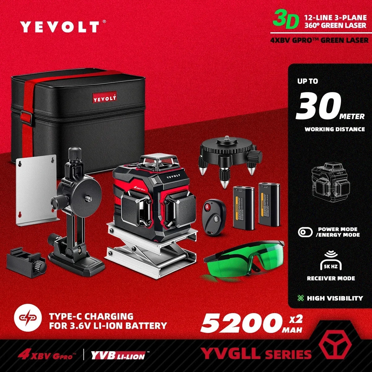 Ferramenta de nivelamento automático YEVOLT Select 12/16 Line, luz verde, alta visibilidade com função de bloqueio de inclinação para construção e projetos DIY